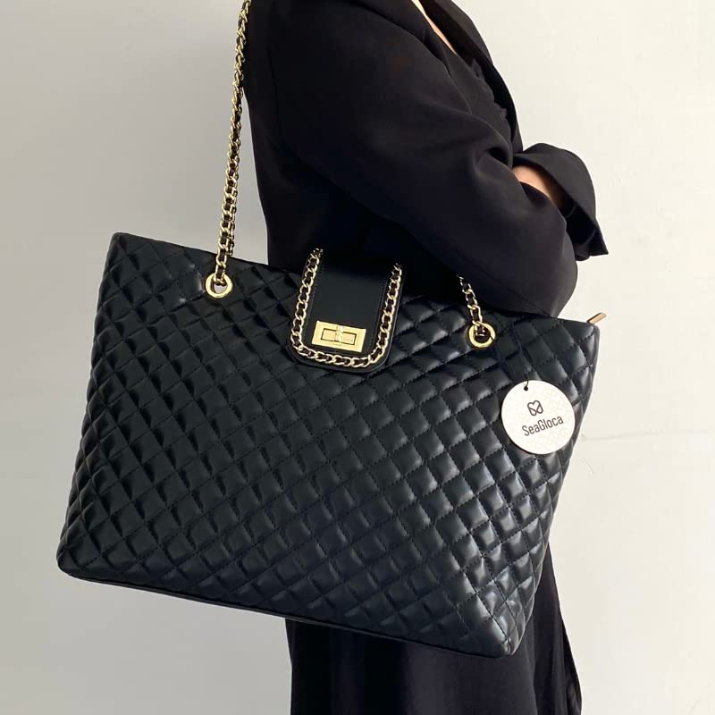 Image of 13.4aa‚¬A inch Women Quilted Double Strap Shoulder Bag Quilted Hobo Tote Handbag Large CapacityiE†blackia€