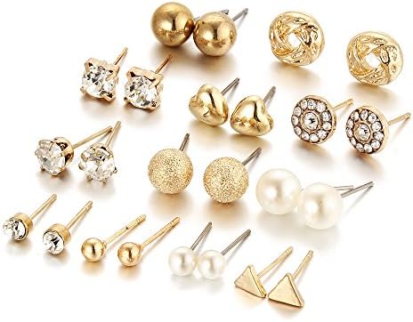 12 Pair Pack Sets Assorted Multiple Stud Earring Jewelry Set With Card For Women Girls (Gold)