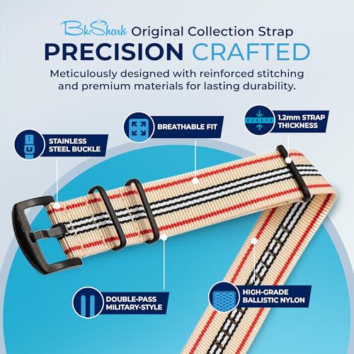 Image of BluShark - Original Collection Military-Style Waterproof Watch Strap, Fits All Timepiece Brands, Durable Nylon Wristwatch Accessories with Stainless Steel Buckle - 18mm, 20mm, 22mm & 24mm Watch Bands