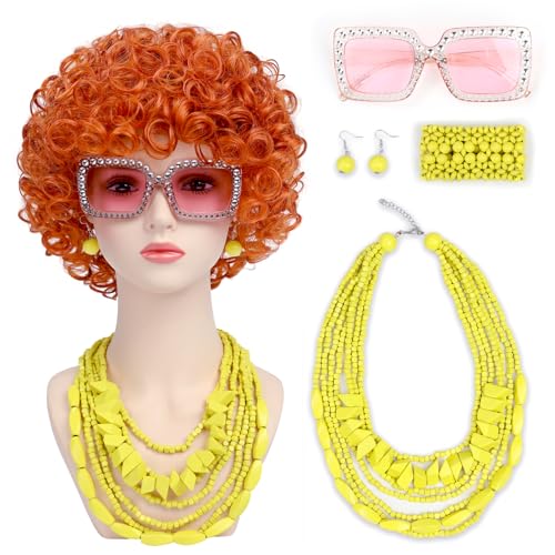 Image of Women Roper Curly Orange Red Cosplay Wig with Necklace Earrings and Sunglasses for Women Hallween Costume Wig