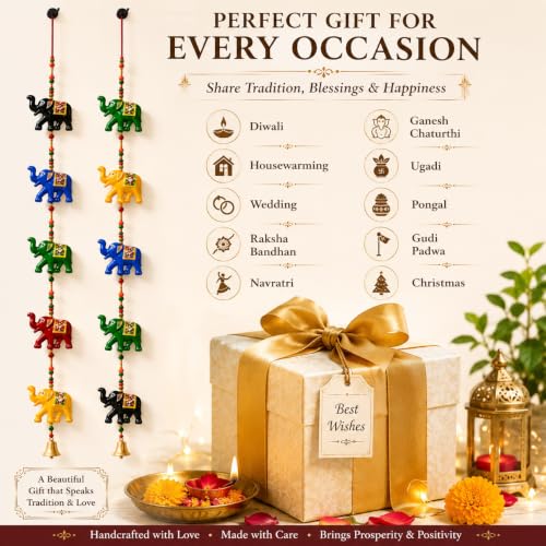 Image of Bindian Toran for Main Door Decorative Door Thoranam Hanging Diwali Decoration for Home Entrance Wall Decor Hanging Ornament Traditional Festive Welcome Decor for House (Elephant Plastic Pack of 2)