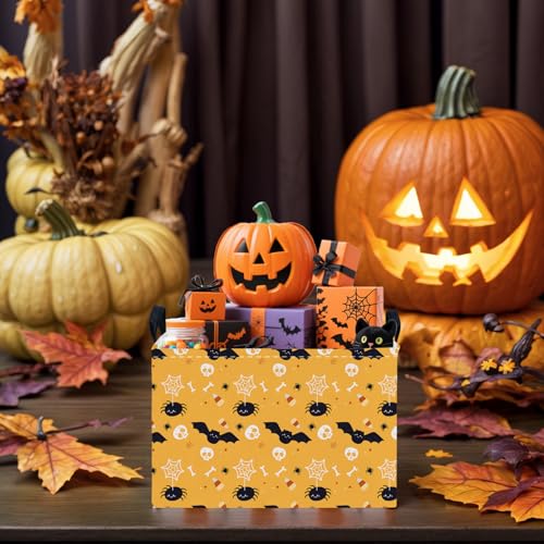 Image of Halloween Basket Gift Cute Pumpkin Ghost Parties Decor Kid Trick or Treat Basket for Boys and Girls Rectangular Storage Bin Box (Bat Spider)
