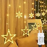 OBOVO LED Sterne Lichterkette mit Schneeflocke, 138 LED Erweiterbar Lichtervorhang Lichterkette mit Timer und Speicherfunktion, 8 Modi Warmweiß Weihnachtsbeleuchtung für Innen Außen Weihnachten Deko