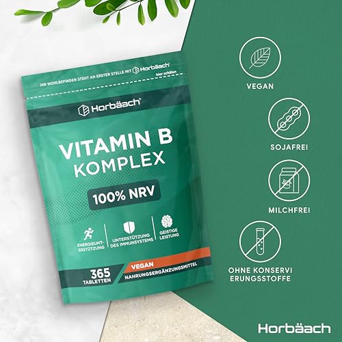 Vitamin B Komplex Hochdosiert | Alle 8 B-Vitamine: B1, B2, B3, B5, B6, B7, B9 und B12 | 1 Jahr Vorrat - 365 Vegane Tabletten | von Horbaach
