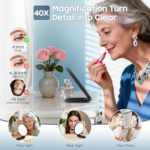Image of B Beauty Planet 40X Magnifying Mirror, Hand Mirror for Makeup, Double Sided with 40X /1X Magnification, Travel Essential, Portable Foldable for Desktop and Bathroom, Gift for Women, Black