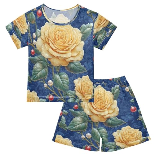 Pajama Sets Short Sleeve Golden Roses on Blue Soft Cotton Summer Sleepwear 2 Piece PJS Size 5-14T