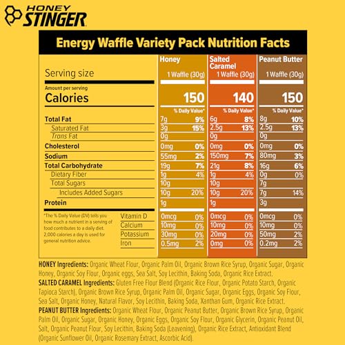 Image of Honey Stinger Organic Energy Waffle Classic Original Flavors Variety Pack of 18, 6 Pack Each of Honey, Salted Caramel, Peanut Butter, Nutritious Stroopwafel Snack for Performance, Cycling, Running