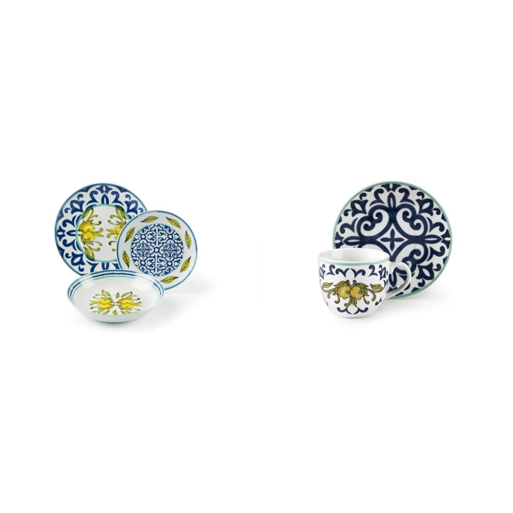 Excelsa Amalfi Servizio Piatti 18 Pezzi, Porcellana & Amalfi Set 6 Tazzine Caffe Con Piattino, Porcellana