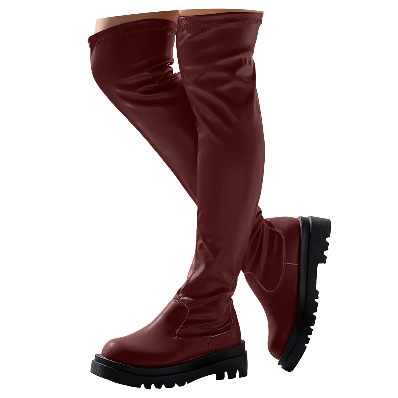 Over The Knee High Boots for Women Round Toe Low Chunky Heel Leather Stretch Riding Thigh High Boots