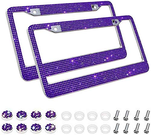 JUSHACHENGTA Bling Bling License Plate Frames 2 Pack White Bow - Handmade Waterproof Glitter Rhinestones Crystal Plate Frames for Cars with 2 Holes Screws Caps Set (Purple)