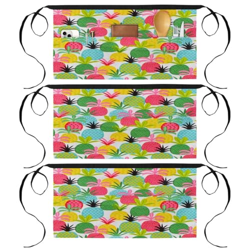 Tablier court de chef à 3 poches lot de 3 demi tabliers cuisine bistrot motif ananas coloré