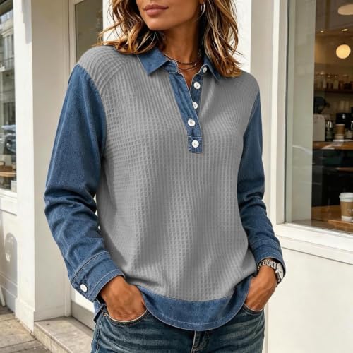 Waffle Tops for Women Denim Patchwork Collared Button Casual Shirts - image 4