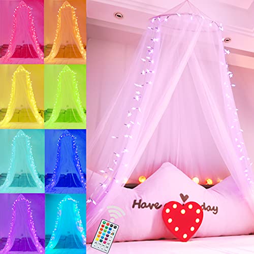 Bed Canopy with 18 Colors Star String Lights, White Bed Canopy for Girls, Princess Canopy Bed Curtains with Pink Purple Multicolor Lights, Bed Netting Canopy for Twin Full Queen King Bed