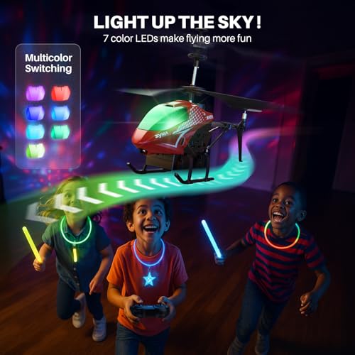 Image of SYMA RC Helicopter for Kids, 7-Color LED Lights, 40 Min Flight Time, Red | 2 Batteries, Front Obstacle Avoidance, Altitude Hold and One-Key Takeoff /Landing for Beginner-Friendly Indoor Flying