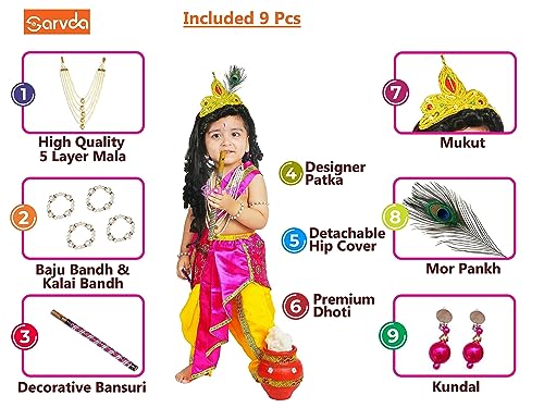 Image of Sarvda Krishna & Radha Dress for Kids - Complete Janmashtami Costume Sets with Dhoti /Lehenga, Mukut, Mor Pankh, Bansuri & Accessories | Fancy Dress for Baby Boys & Girls