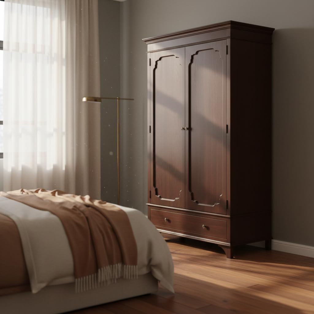 APRODZ Mango Wood Wardrobe for Bedroom 2-Door Modular Wooden Almirah for Storage Space Saving with 1-Drawer Organizer Rack Clothes Cupboard for Bedroom (Walnut Finish)-image-48