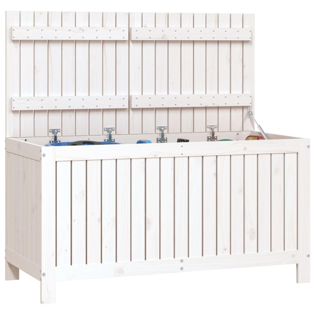 Baúl de jardín blanco de madera de pino maciza, 121 x 55 x 64 cm, con muelle de gas, espacio para herramientas de jardín, caja de cojines, caja de almacenamiento, caja de terraza, caja de