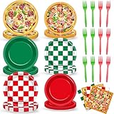 96PCS Pizza Theme Paper Plates Napkins and Forks for Kids Italian Pizza Party Disposable Supplies Red Green Pizzas Checkered Tableware Set for Picnic Birthday Baby Shower Party Dinnerware Decorations