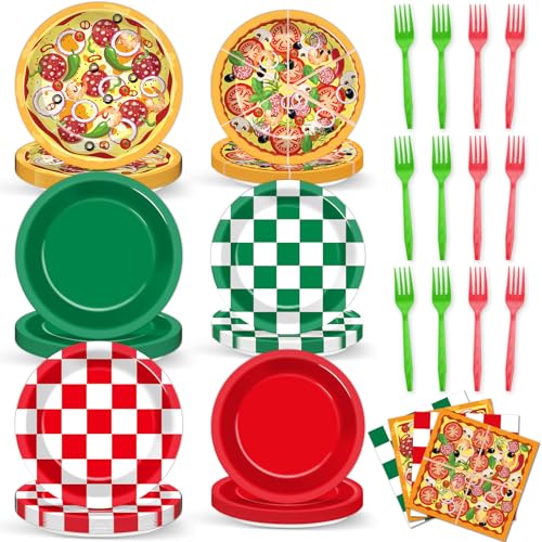 96PCS Pizza Theme Paper Plates Napkins and Forks for Kids Italian Pizza Party Disposable Supplies Red Green Pizzas Checkered Tableware Set for Picnic Birthday Baby Shower Party Dinnerware Decorations