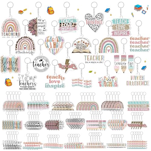 Cunno 100 Pcs Motivational Teachers Keychains Bulk Inspirational Leopard Boho Rainbow Acrylic Keychains for Women Men Back to School Teacher Appreciation Gifts from Students Cowokers 20 Styles