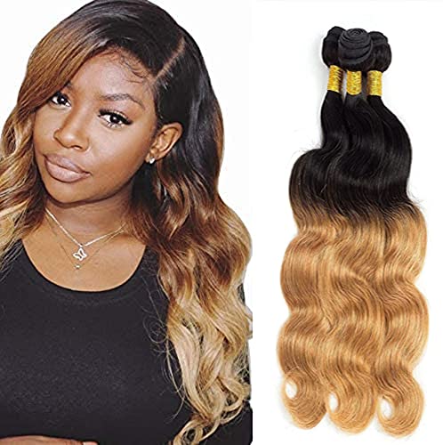 Ombre Human Hair Bundles 1B/27 Blonde Hair 3 Bundle Body Wave Hair Extensions For Women Brazilian Remy Hair Black To Honey Blonde Ombre Bundles 10 12 14 Inch
