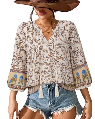 Vivilli Womens Boho Tops Casual V Neck 3/4 Sleeve Blouses Floral Print Shirt Tie Front Flowy Vacation Clothes4