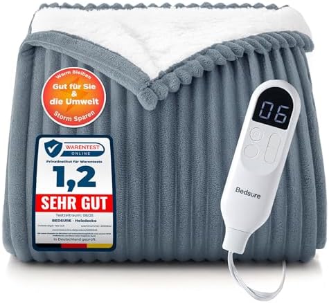 BEDSURE Heizdecke Elektrische Kuscheldecke - 200x180cm, Gestreift Grau | mit Abschaltautomatik, 6 Heizstufen & 10 Stunden Timer, bis zu 8 Stunden Überhitzungsschutz für Home & Offi