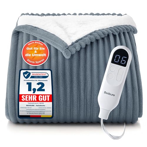 BEDSURE Heizdecke mit Abschaltautomatik 180x200cm - Wärmedecke mit 6 Heizstufen & 10 Stunden Timer, bis zu 8 Stunden Überhitzungsschutz, Elektrische Kuscheldecke für Home & Office, Gestreift Grau BEDSURE Heizdecke mit Abschaltautomatik 180x200cm - Wärmedecke mit 6 Heizstufen & 10 Stunden Timer, bis zu 8 Stunden Überhitzungsschutz, Elektrische Kuscheldecke für Home & Office, Gestreift Grau