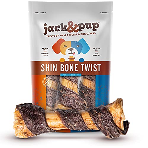 Jack&Pup 8-11” Twist Shin Bones, Roasted Meaty Beef Bone for Dogs – Long Lasting Natural Dog Bones, Big Dog Bone for Large Dogs (3 Pack)