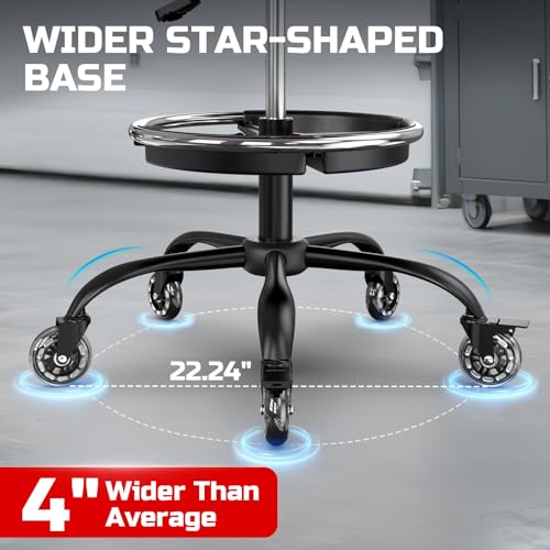 Rolling Shop Stool with Wheels, Garage Mechanic Stool Chair with Backrest, Height Adjustable Heavy Duty Swivel Task Chair, Adjustable Footrest with Storage Tray for Garage Kitchen Salon Tattoo (Red)