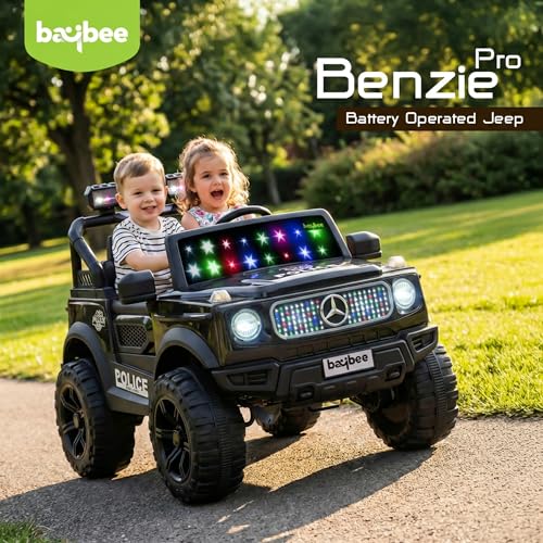 Image of Baybee Benzie Pro Police Edition Battery Operated Jeep for Kids | Baby Ride on Electric Car with Parental Control, RGB Lights & Music | Rechargeable Battery Car for Kids 2 to 6 Years (Black)