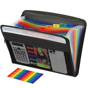 H4D Zippered Accordion File Organizer with Front Mesh Pouch, 13 Pocket Expanding File Folder Accordian Folder, Expandable File Organizer Folder for Documents Letter Size A4 Papers, Black