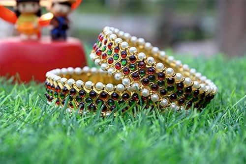 Dreams@Traditional Indian Bangles For Dances And Wedding Simple Elegant Red And Green Kemp Stone With Pearls Bangles (Red And Green, 2.6) #TOP1