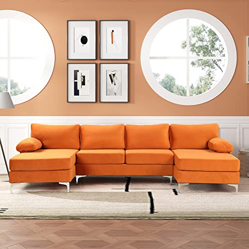 Casa Andrea Milano Modern Large Velvet Fabric U-Shape Sectional Sofa, Double Extra Wide Chaise Lounge Couch, Orange