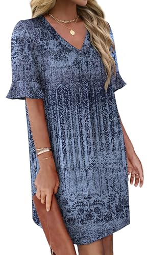 Image of OFEEFAN Summer Dresses for Women Ruffle Short Sleeve V Neck Casual Shift Dress with Pockets