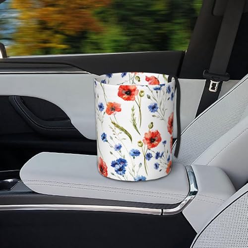 Image of Car Trash Bag Watercolor Red Blue Flowers Waterproof Trash Small Car Can Portable Collapsible Car Garbage Can Hanging for Back Seat Floor or Hanging Headrest Car Decor Road Trip Essentials