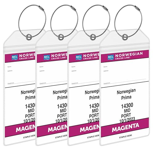 Norwegian (NCL) Cruise Luggage Tag Holders [4 Pack] – Waterproof, Durable Plastic with Steel Loops – Fits All Norwegian (NCL) Ships for Cruising in 2025, 2026 and 2027 – Cruise Essentials by AnchorsUp