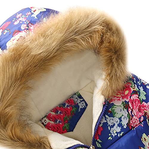 Girl Winter Dress Coats Faux Fur Hood Wool Jacket Warm Waterproof Floral Parka Windproof Puffer Jacket Outerwear (Blue, 6-7 Years)4