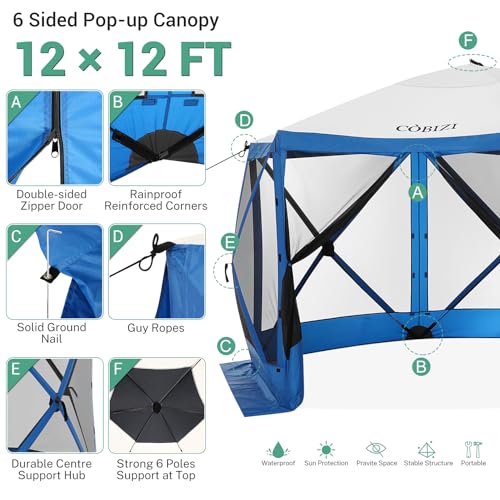 Image of COBIZI 12x12 pop up Gazebo on Clearance Screen Canopy Tent, Camping Outdoor Screened Gazebo with Sidewalls, Portable Hub Tent with Carrying Bag and Ground Stakes, Blue