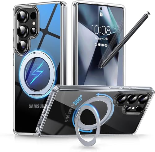 Image of DIZORO TPU Magnetic 360 Ring Stand Case Fit for Samsung Galaxy S24 Ultra Case, Compatible & Wireless Charging,Military Grade Drop Tested,Translucent Hard Kick Back Cover (Ring White)