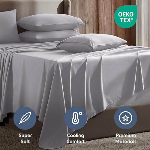 Image of Nestl Extra Deep Split King Sheet Set - 7 Piece Breathable & Cooling Sheets - Hotel Luxury Bedding Set w /18-24 Inch Deep Pockets - Easy & Secure Fit - Super Soft, Wrinkle Free & Comfy - Gray Lavender