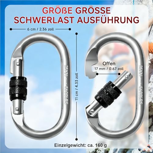 Vipuikos 2 Stück Karabiner Schwerlast 25KN, O-förmiger Karabinerhaken Groß, Sicherheitskarabiner aus Edelstahl, 2500 Kg Belastbarkeit, Silber + Schwarz, für Yoga, Hängematte, Camping, Schaukel