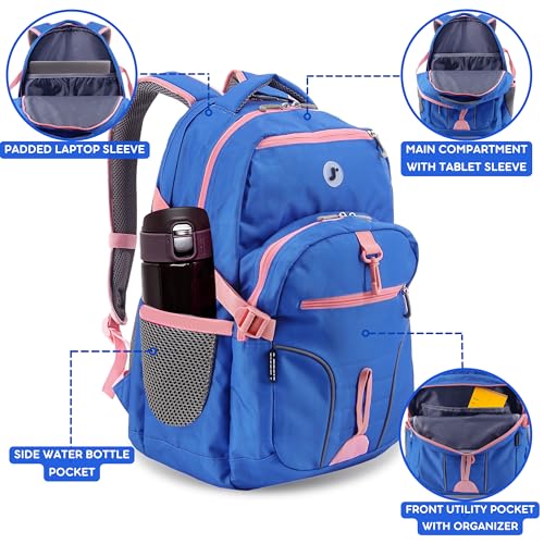 Image of J World New York Atom Laptop Backpack - Ergonomic Backpack for School with Air Mesh Padded Shoulder Straps - 600D Polyester Work Backpack for Men and Women - Stylish Design, Navy Pink
