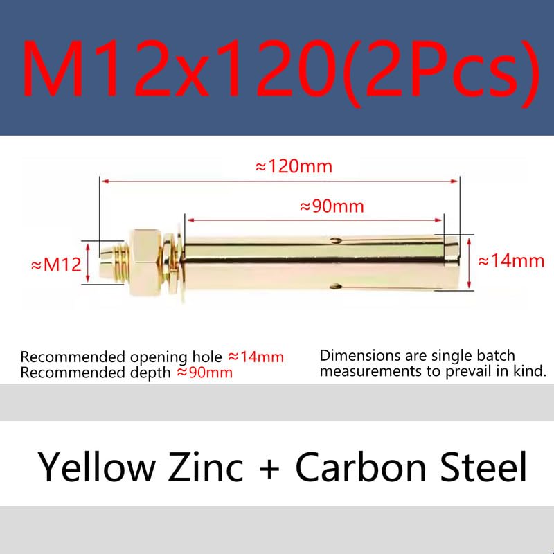 M12 x 120mm 2 Pcs Plated Zinc Expansion Bolts for Concrete Wall Fixing Anchor Bolt External Expansion Tube Pull Explosion Screws