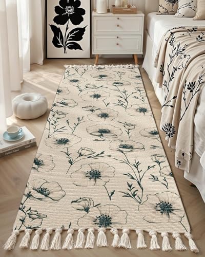 Image of Hand Woven 100% Natural Cotton Export Quality Designer Rug,Carpet, Bed Side Runner for Bedroom,Living Room, Size-2x5 feet or 60 cms x 152 cms (Black Flower)