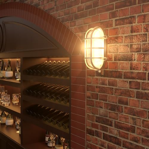 Image of Sunluck Brass Bulkhead Light,Grid Oval Nautical Wall Sconces,Lampshade,Ceiling Mount Lighting,Brass Sauna Light Waterproof IP54,Rust Resistant,for Decoration Cafe,Bar,Porches,Patios,Restaurants