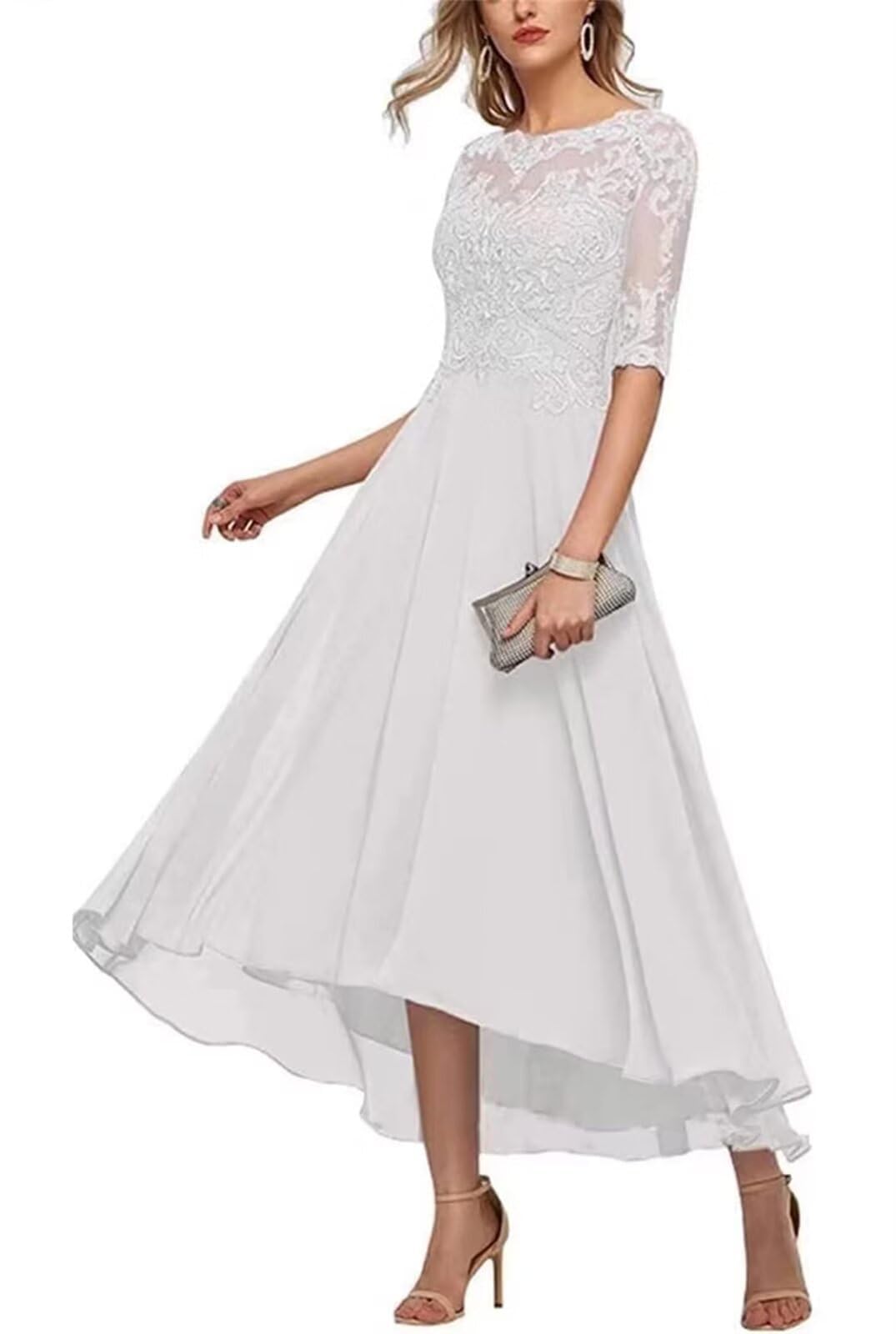 KIYNE White Mother of the Bride Dresses Tea Length for Women with Sleeves Chiffon Wedding Guest Dress Tea Length Party Gown UK20