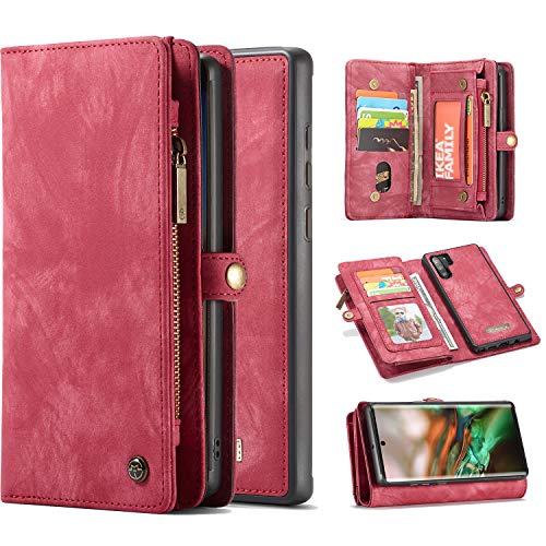 Harsel 11 Card Slot [Magnetic Closure] Detachable Removable Flip Folding Leather Wallet Purse Case with Zipper Pocket Case Protective Cover for Samsung Galaxy Note 10 Plus (Red)
