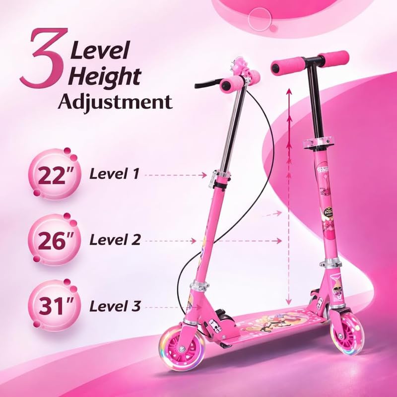 Image of Foldable Kick Skating Cycle LED Wheels | Kids 3 Wheel Kick Scooter with Adjustable Handlebar & Hight, Front Brake, Bell and Printed Deck | Skate Scooter for Kids Age 2-12 Years