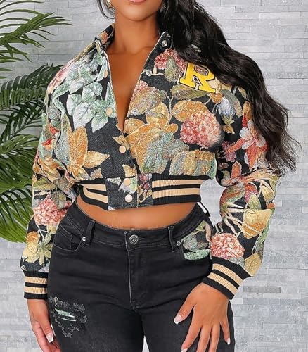 KANSOON Varsity Jacket Women Bomber Textured Floral Cropped Jackets Letterman Snap Buttons Long Sleeves Coats2